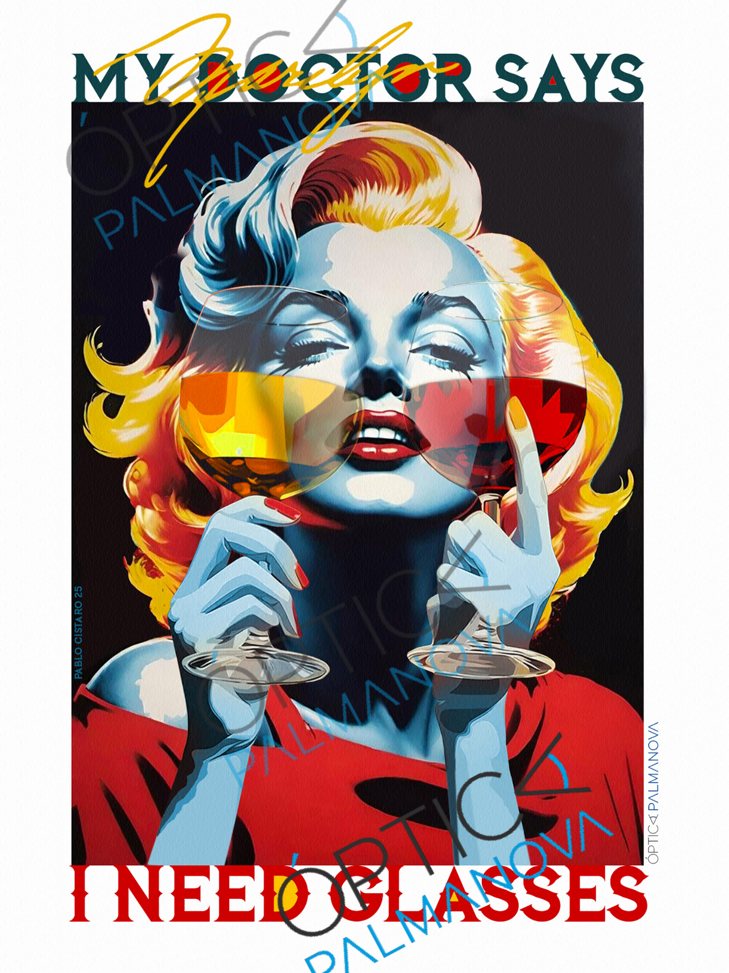 Póster Marilyn Monroe estilo vintage diseñado por Pablo Cisaro en Óptica Palmanova, Calvià