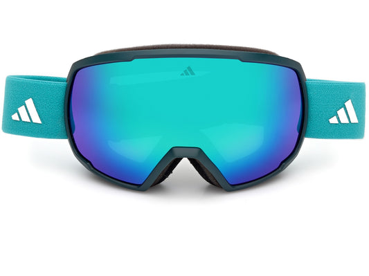 Skibrille adidas SP0121 97Q von vorn: grüne Spiegellinse mit blauen Reflexen und türkisfarbenes Band mit weißem adidas-Logo
