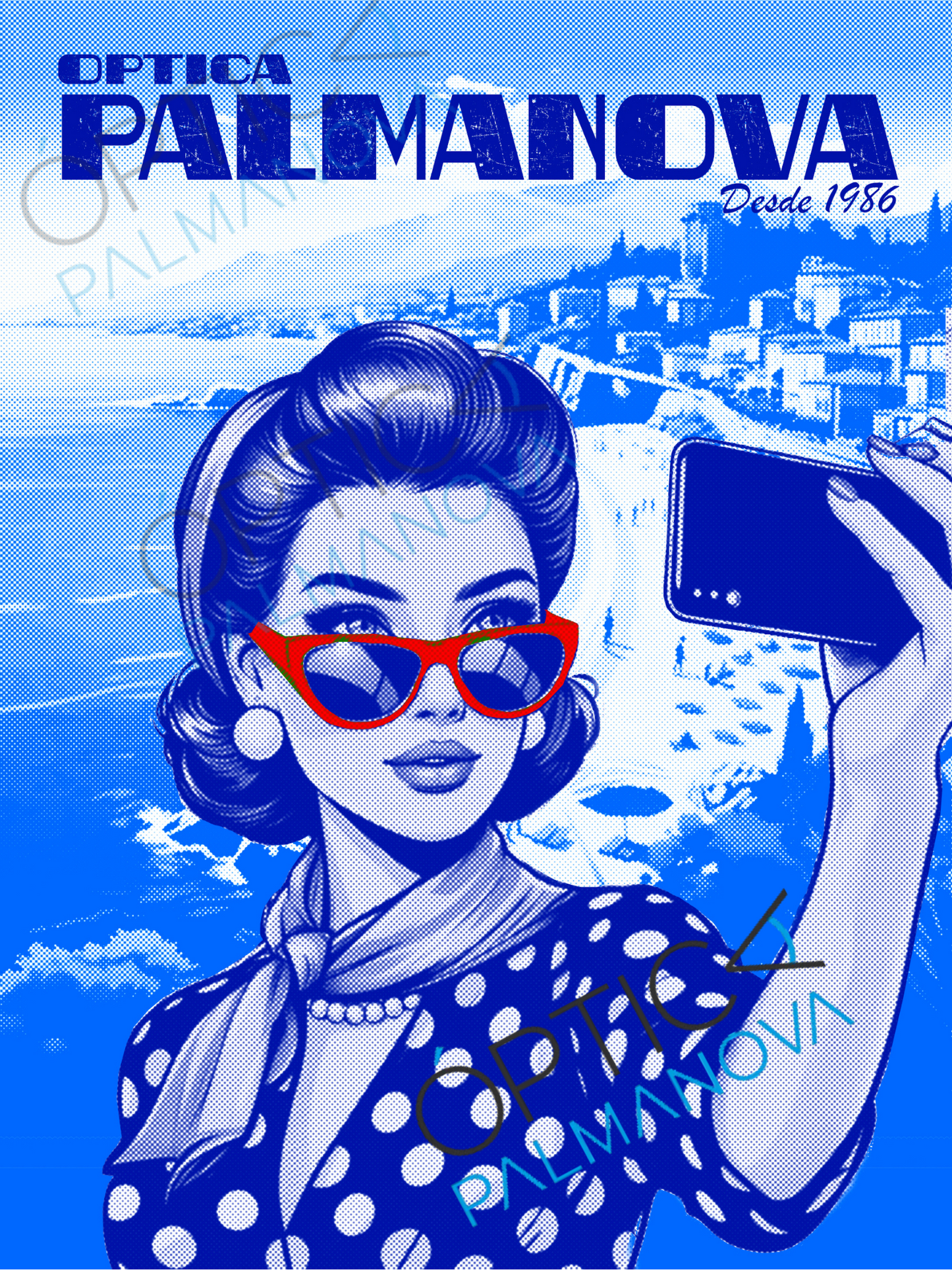 Póster estilo vintage de Palmanova con diseño artístico de Pablo Cisaro, disponible con o sin marco