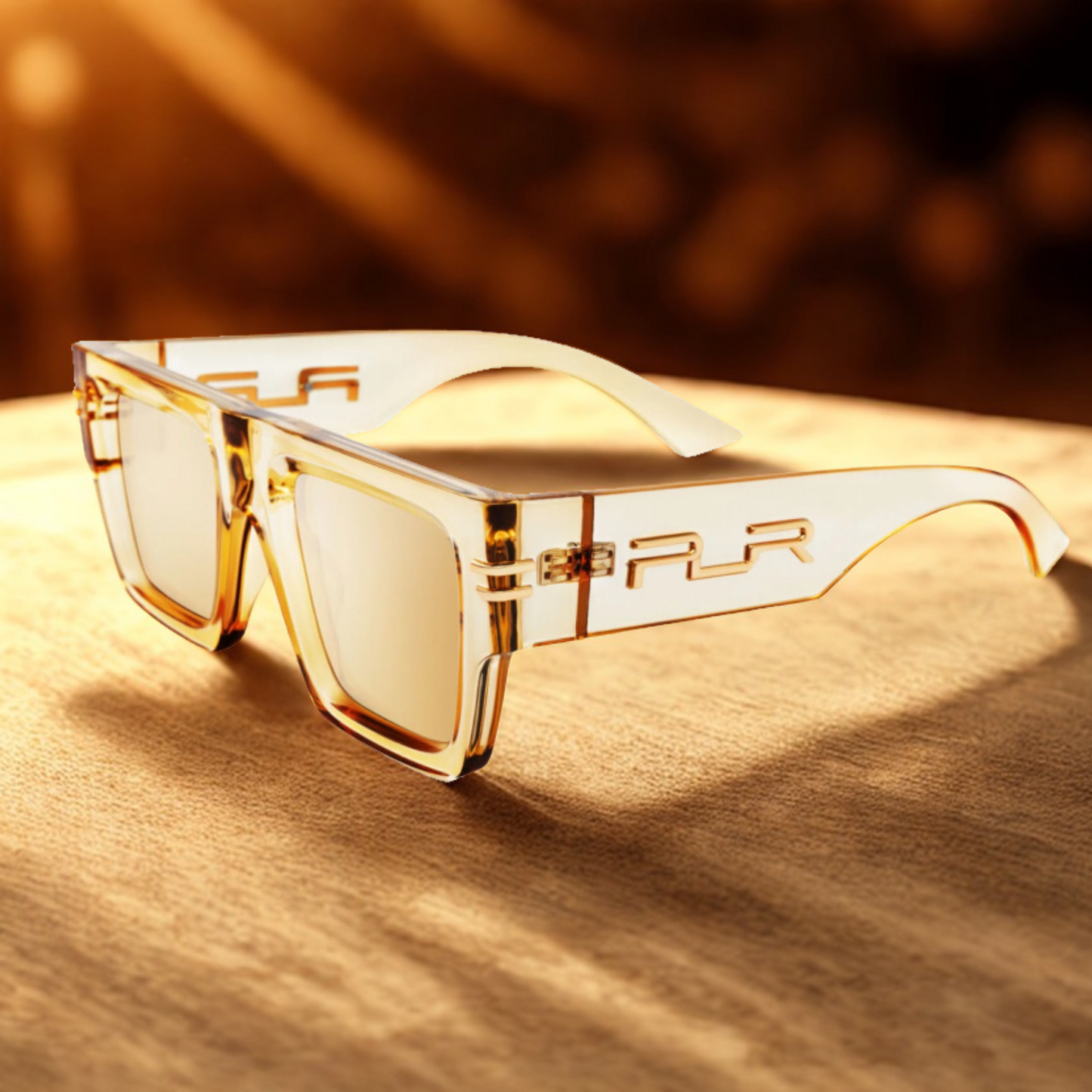 Vista lateral de gafas Polar PLR REBL/16 con fondo , montura amarilla transparente y estilo moderno con protección UV