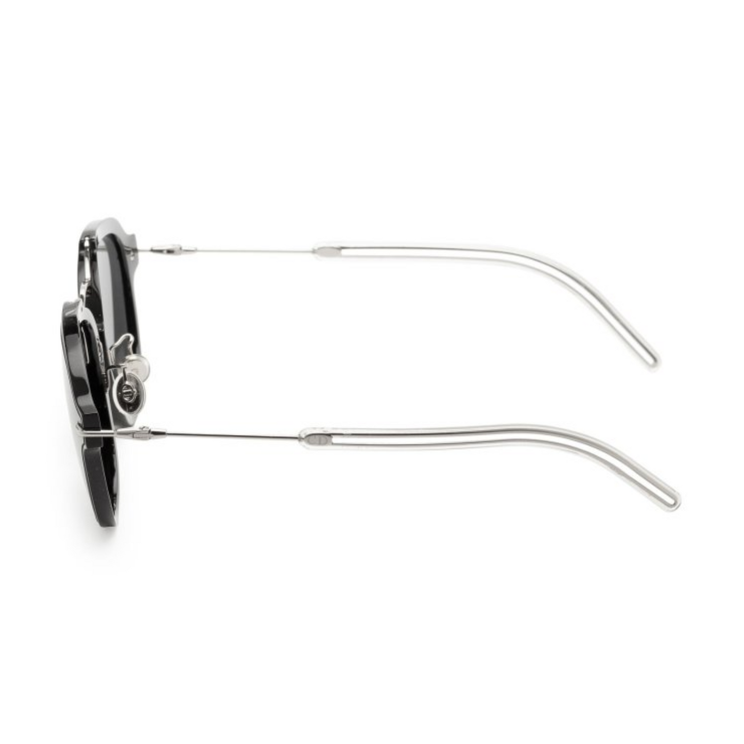 Vista lateral de las gafas Dior Dioreclat RMG/P9 completamente lateral con puente elevado y varillas transparentes, diseño elegante y moderno, óptica en Calvià