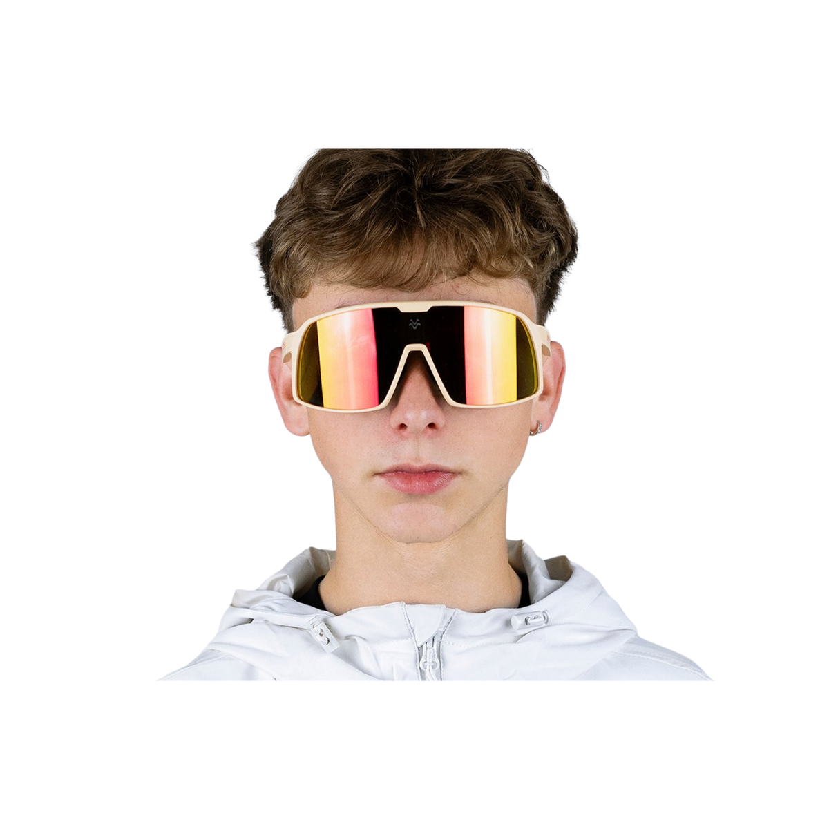 MOS Mallorca - Gafas de sol deportivas crema (lente espejo rojo fuego) – puestas