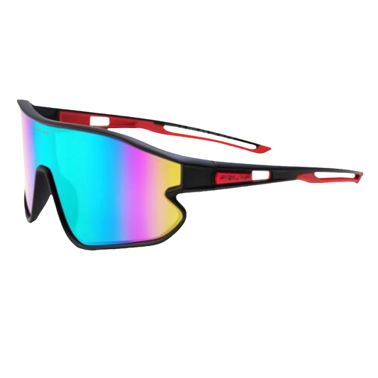 Gafas de sol deportivas Polar RUN con diseño tipo pantalla, montura negra con detalles rojos, disponibles en Óptica Palmanova, Calvià