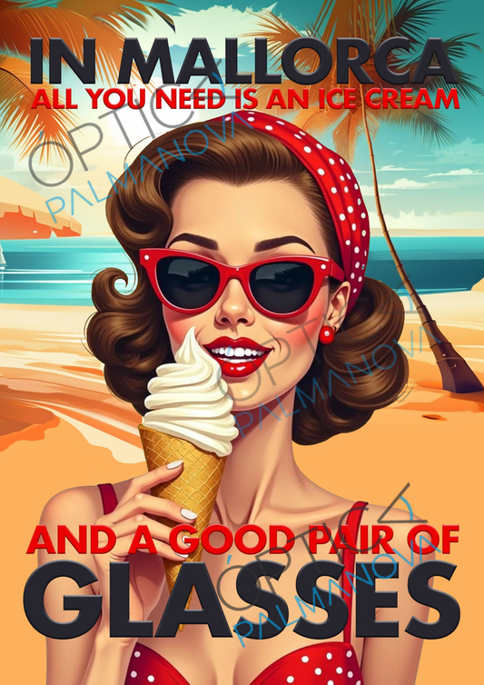 Póster vintage IceCream Mallorca de Pablo Cisaro con marco, 40x30 cm
