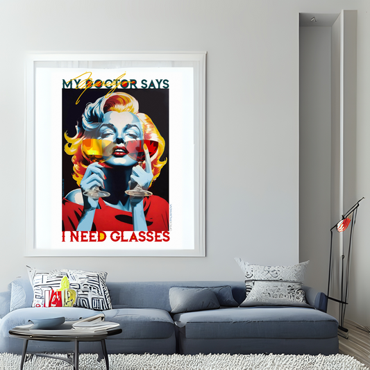 Póster Marilyn Monroe estilo vintage diseñado por Pablo Cisaro colgado en salon en Óptica Palmanova, Calvià