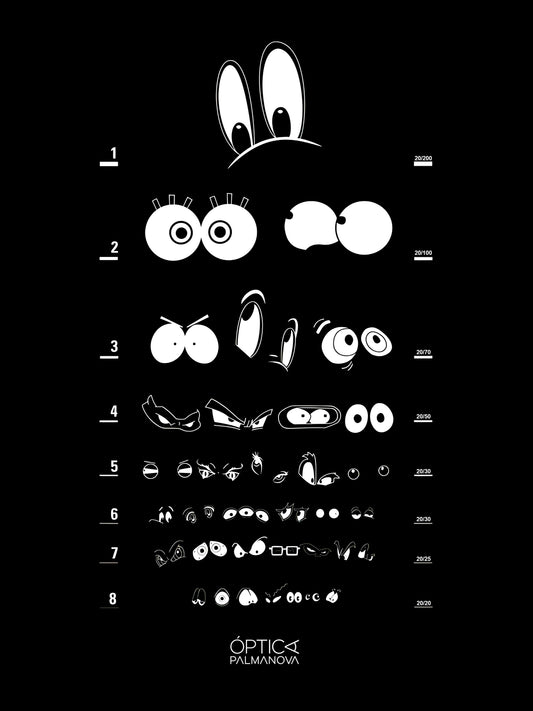 Póster Optotipos Cartoon estilo óptica, diseño divertido para decoración, disponible con o sin marco