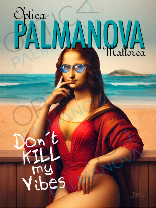 Póster artístico Mona Lisa en Magaluf, reinterpretación colorida y divertida por Pablo Cisaro, disponible con o sin marco en Calvià