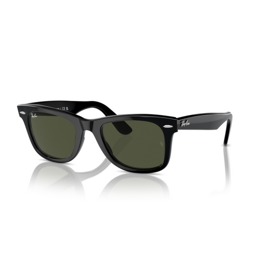 Perfil lateral de gafas Ray-Ban RB2140 Wayfarer con montura de acetato negro y lentes verde G-15