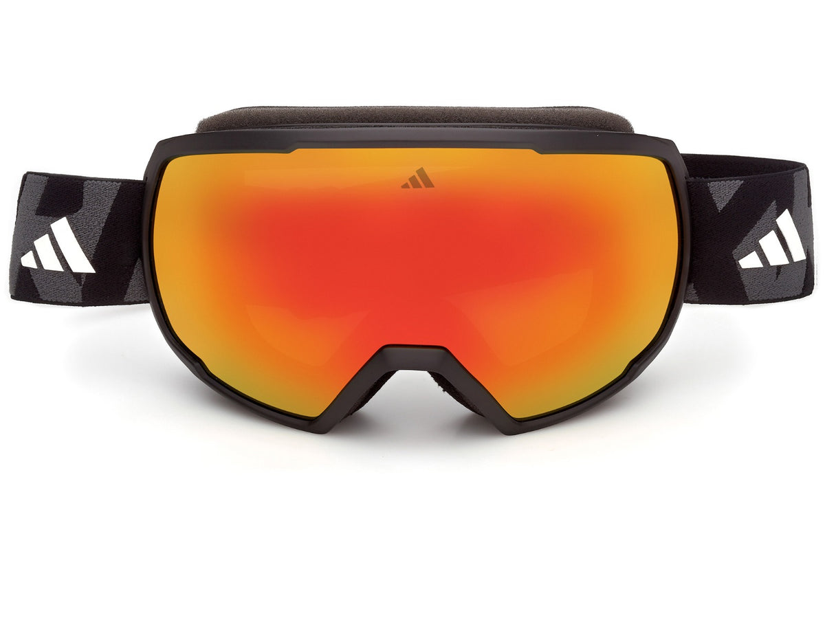 Masque de ski adidas SP0121 02U de face : écran miroir dans les tons rouge et orange et sangle noire avec logo adidas en blanc