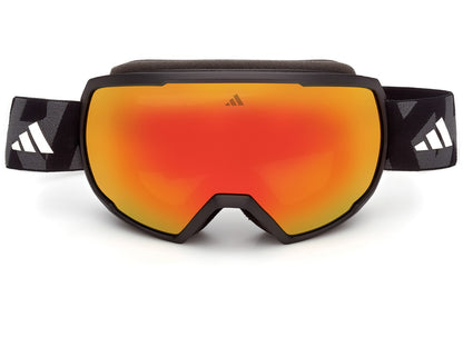 Masque de ski adidas SP0121 02U de face : écran miroir dans les tons rouge et orange et sangle noire avec logo adidas en blanc