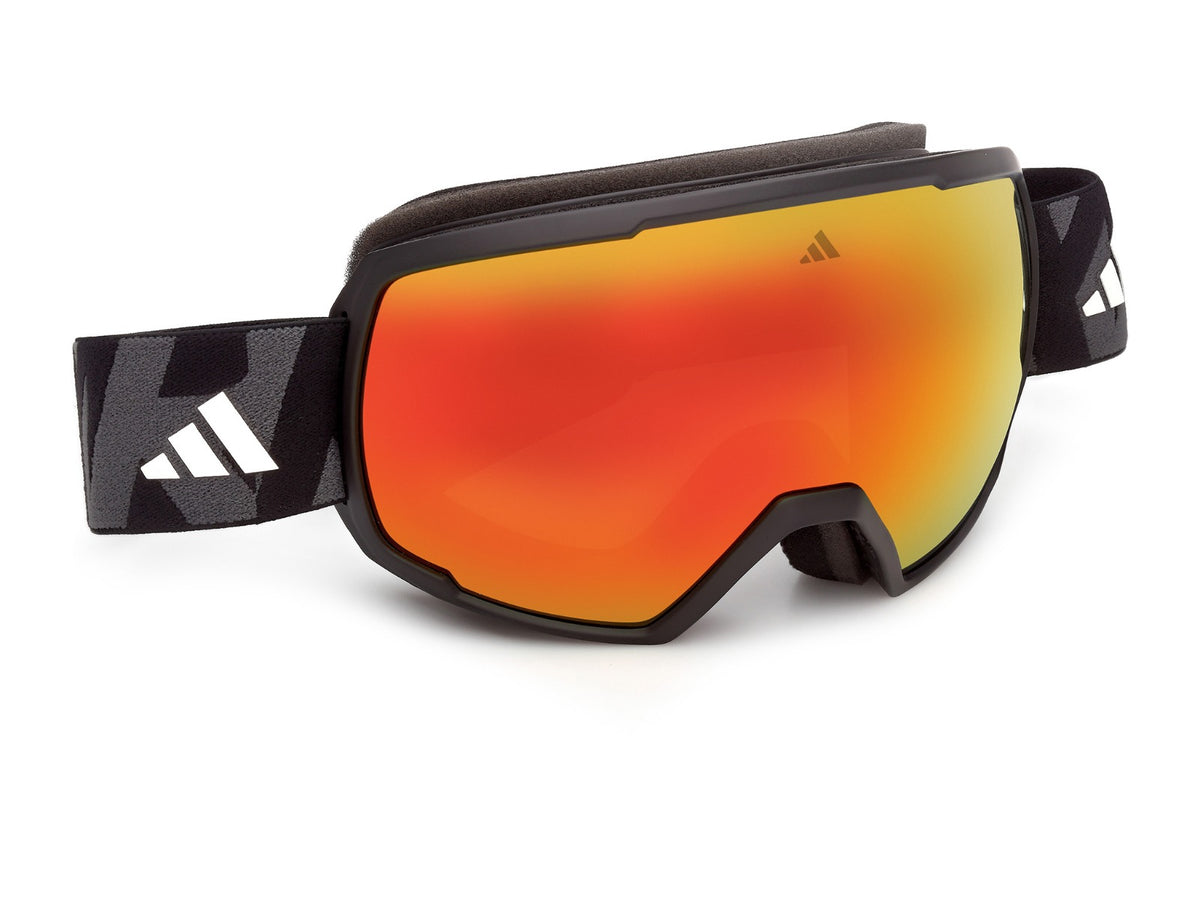 Masque de ski adidas SP0121 02U en perspective depuis la droite : écran miroir rouge et orange et sangle noire