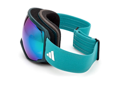 adidas SP0121 97Q von der Seite: schwarz-grauer Innenschaum, grüne Spiegellinse und türkisfarbenes Band mit adidas-Logo