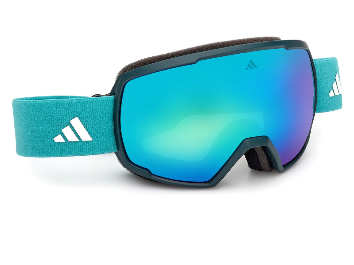 Skibrille adidas SP0121 97Q in perspektivischer Ansicht von rechts: grüne Spiegellinse und türkisfarbenes Band