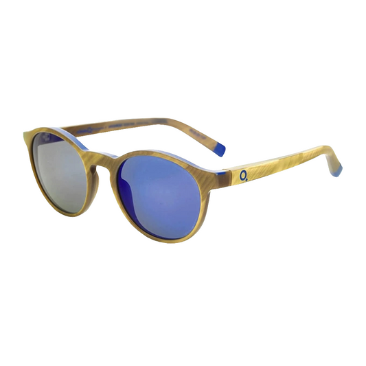 Vista lateral de gafas Etnia Barcelona International Klein Blue con varillas bicolor marfil y azul, diseño artístico y sostenible en Calvià