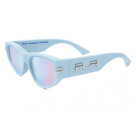 Vista lateral de gafas Polar Banksy calibre 56, montura azul moderna y estilo urbano contemporáneo