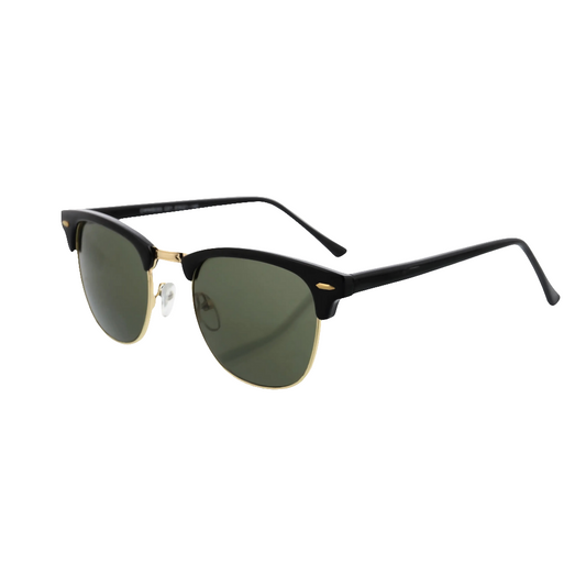 Vista lateral de gafas estilo Clubmaster con varillas de acetato y estructura metálica, diseño vintage en Calvià