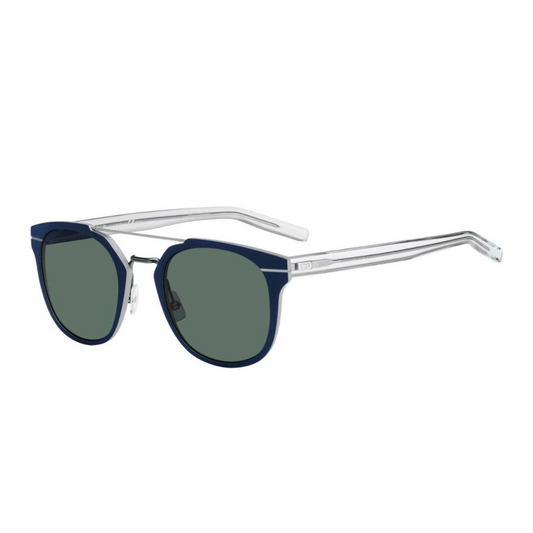 Vista lateral de las gafas Dior Homme AL13.5 PSP 85 de lado izquierdo con marco azul y varillas transparentes, estilo moderno y ligero, óptica en Calvià